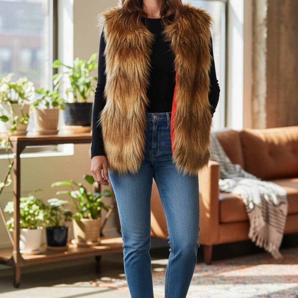 Luxury Brown Faux Fur Vest Orange Satin Lined Cozy Winter Glam Boho - Picture 4 of 9